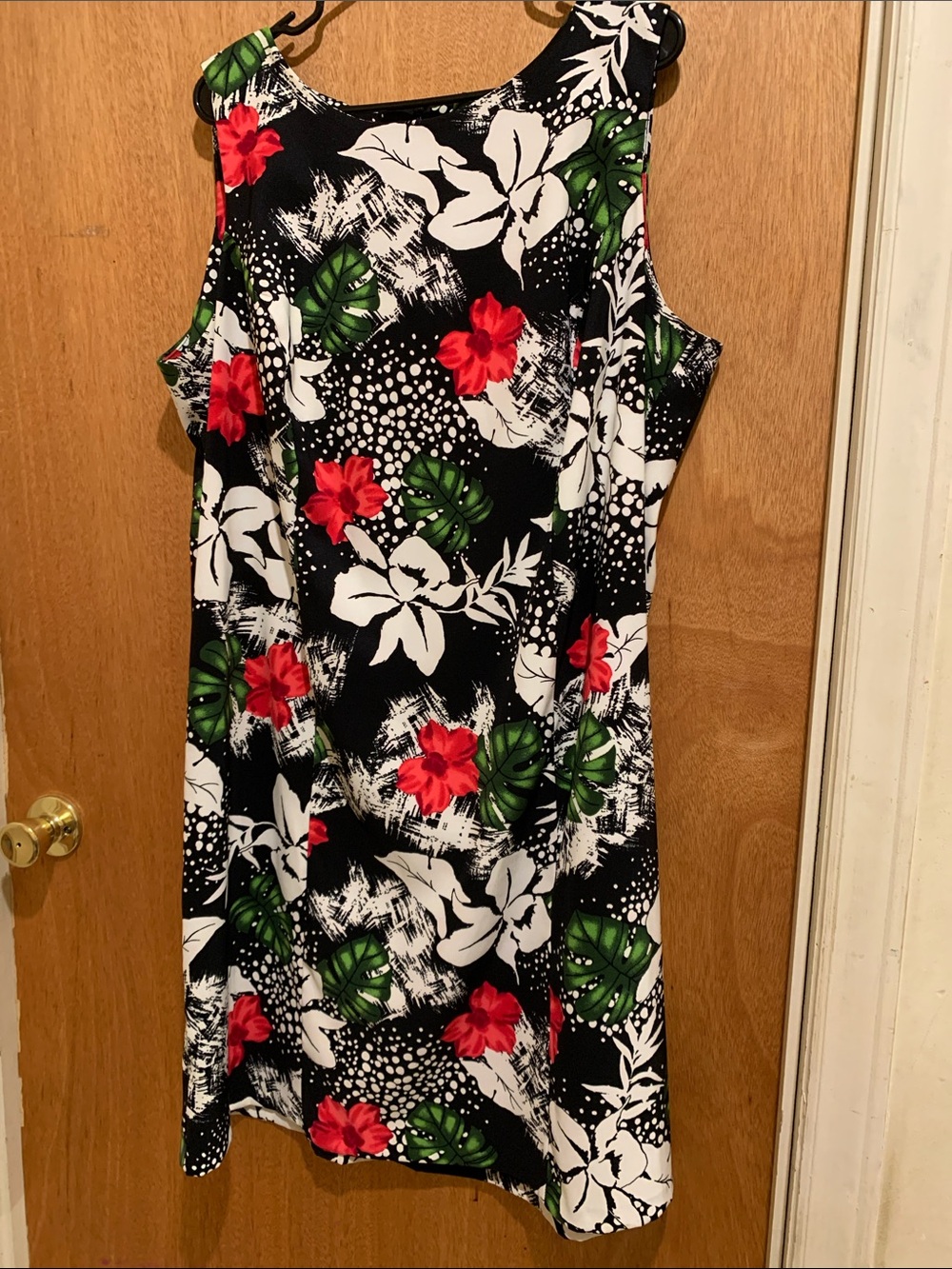 Dress Barn Black Midi Dress with Red Floral and Green Leaves